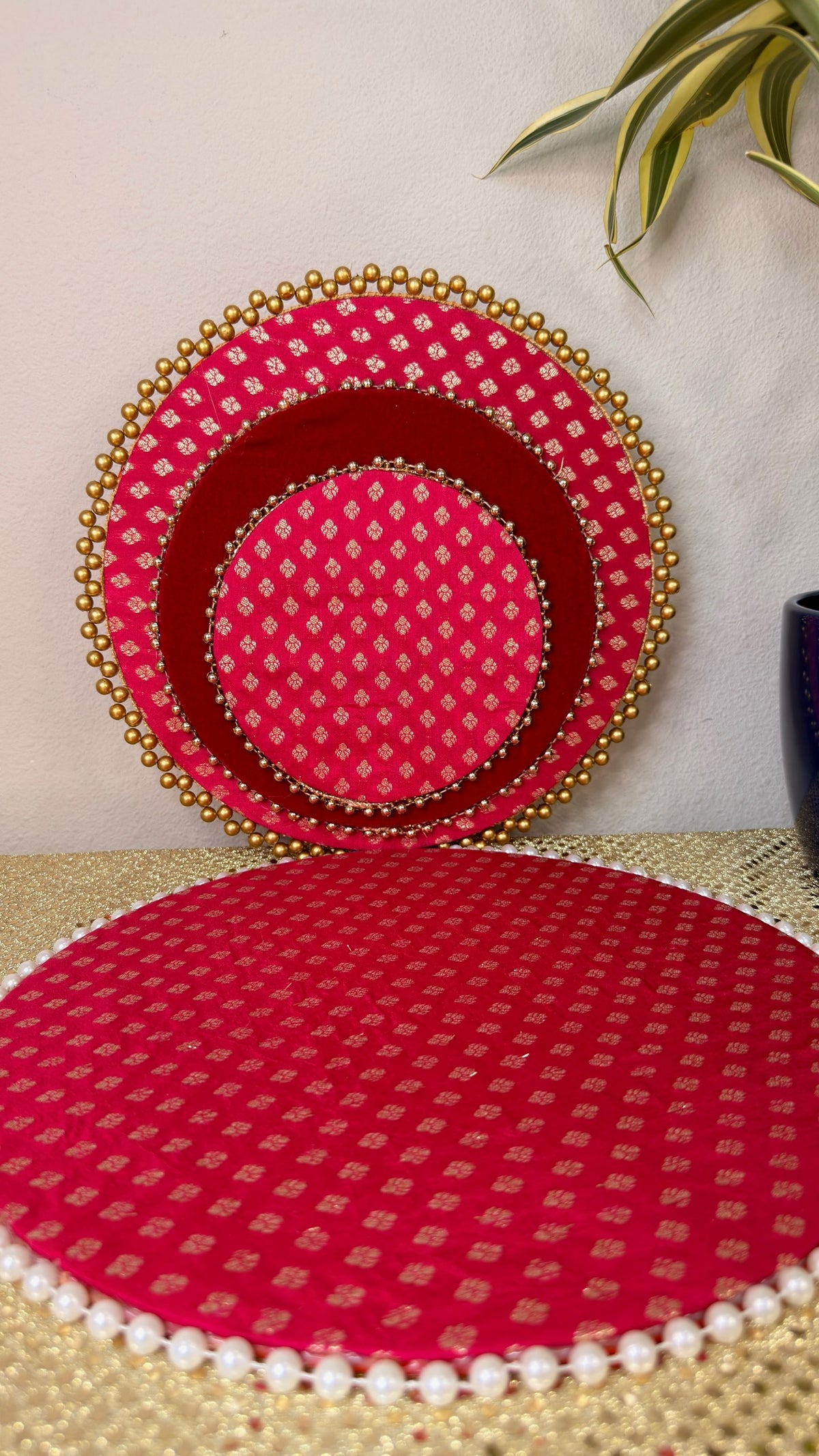 Pink brocade decorative tray set for puja and mehndi, angled view