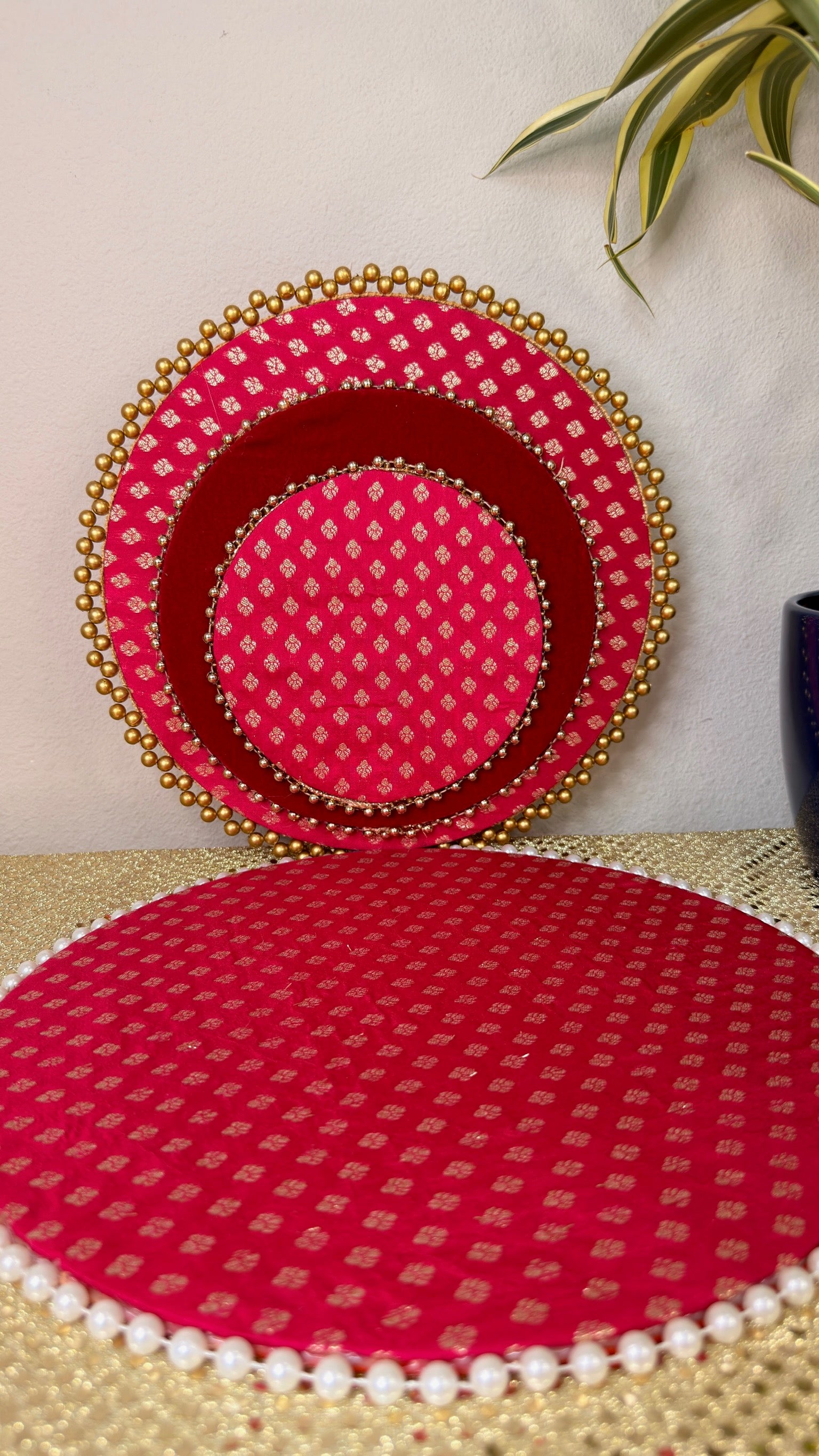 Pink brocade decorative tray set for puja and mehndi, angled view