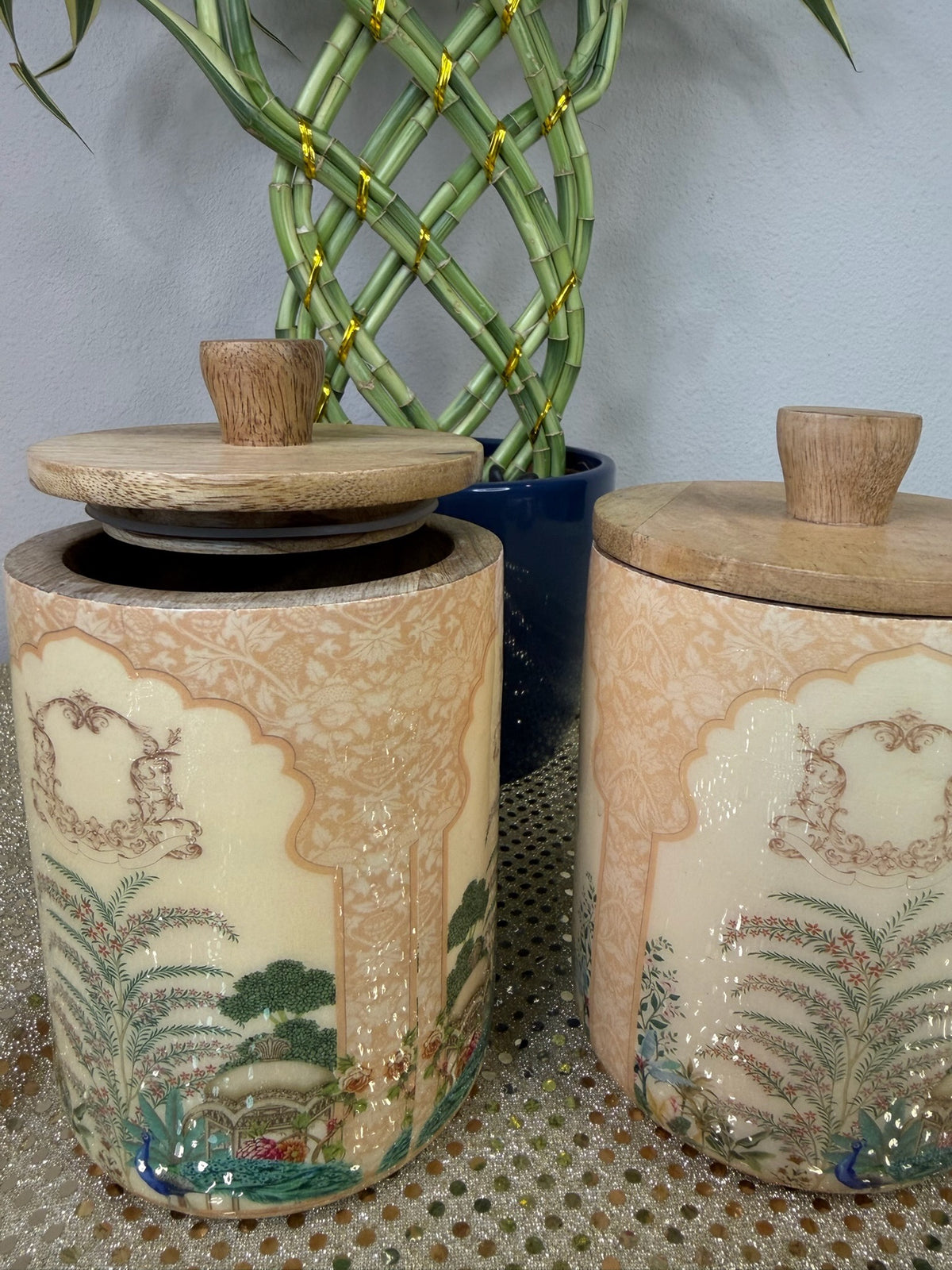 Cream wooden canister jars with lids and Mughal garden print, set of 2 storage jars