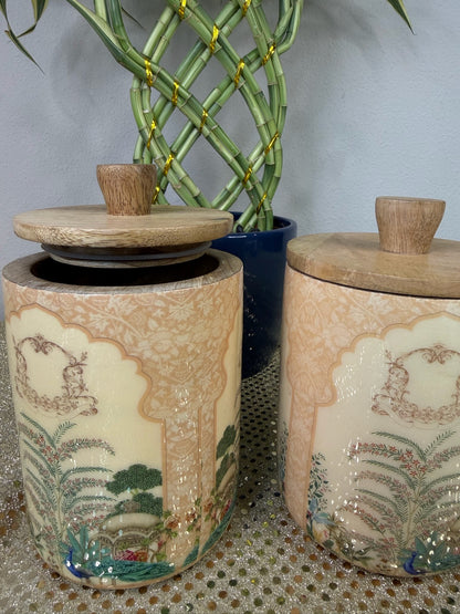 Cream wooden canister jars with lids and Mughal garden print, set of 2 storage jars