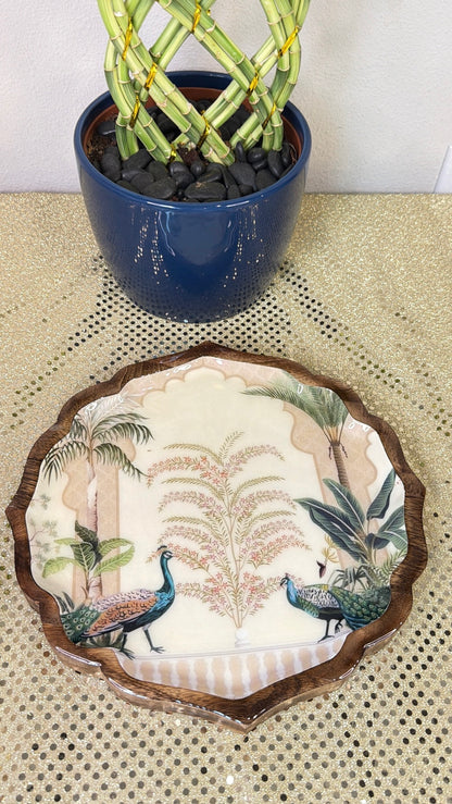 Scalloped round wooden platter with peacock and palm garden print, decorative wall plate