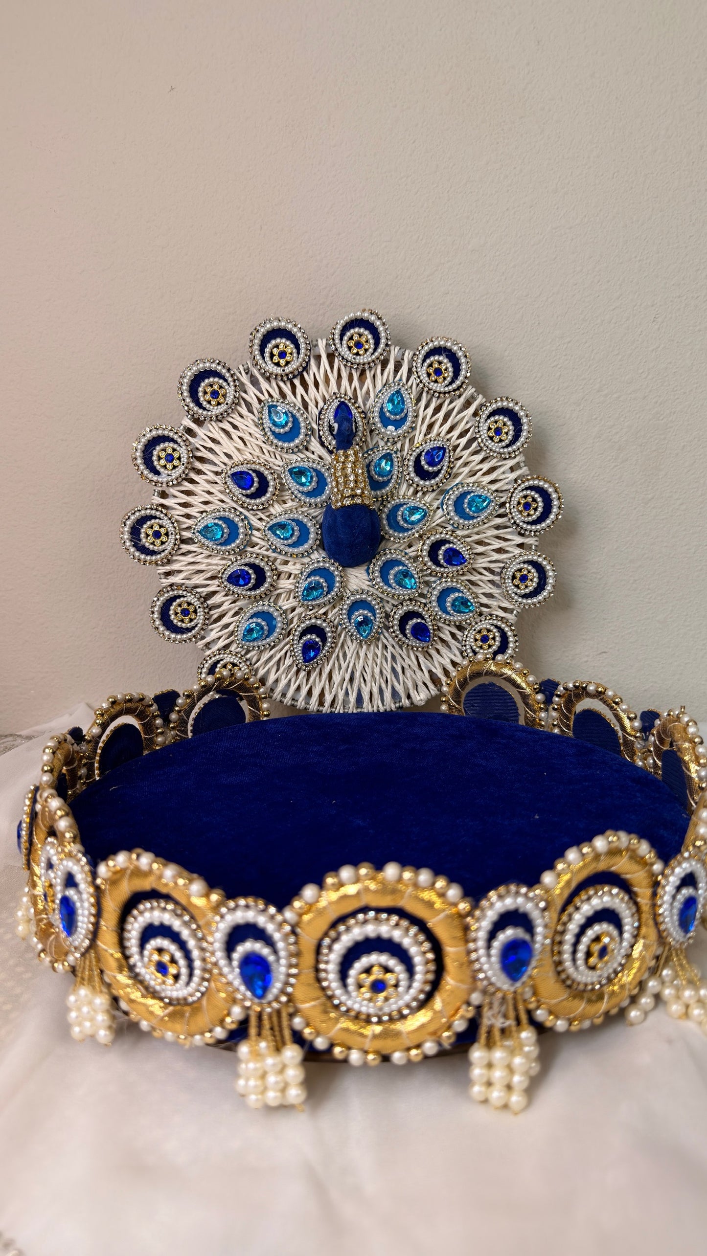 Royal blue velvet peacock singhasan for Laddu Gopal with pearl and gold throne backrest
