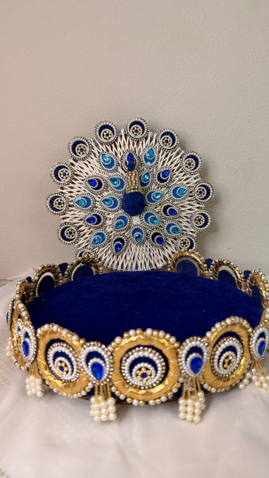 Royal blue velvet peacock singhasan for Laddu Gopal with pearl and gold throne backrest