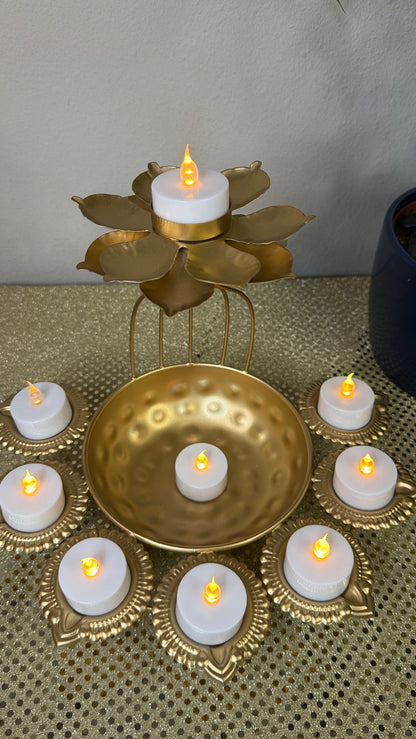 Gold wire-cage lotus diya with hammered bowl and seven tealight diya cups, Diwali set