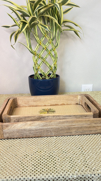 Nested palm tree print mango wood serving trays, set of 2