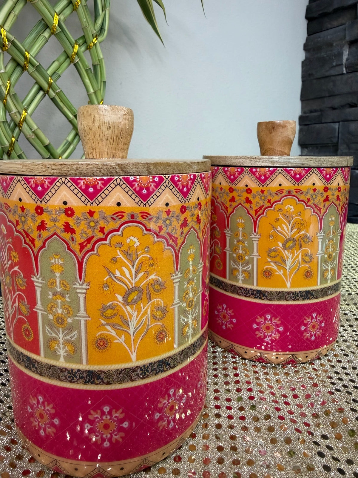 Mughal arch print wooden jars with wooden lids, Diwali gift set
