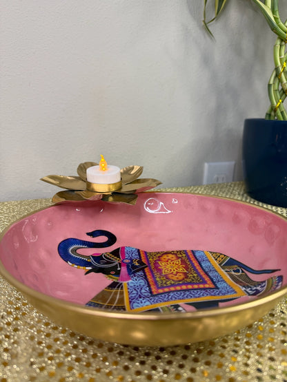 Pink enamel urli bowl with elephant print, gold rim and lotus tealight centre, Diwali floating candle bowl
