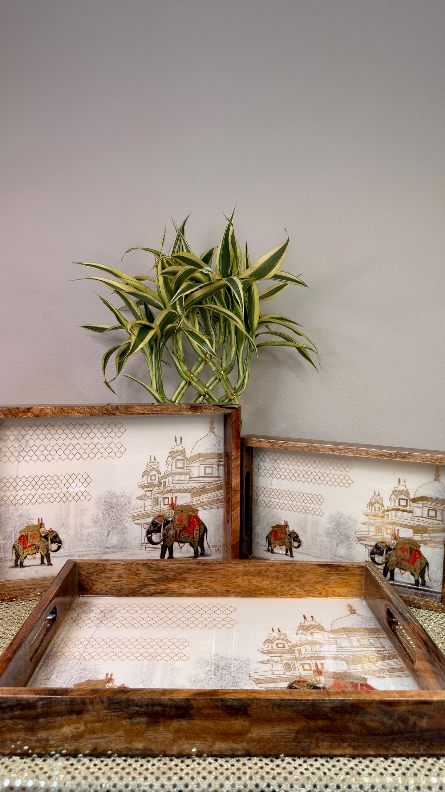 Mughal elephant print sheesham wood tray set, front view