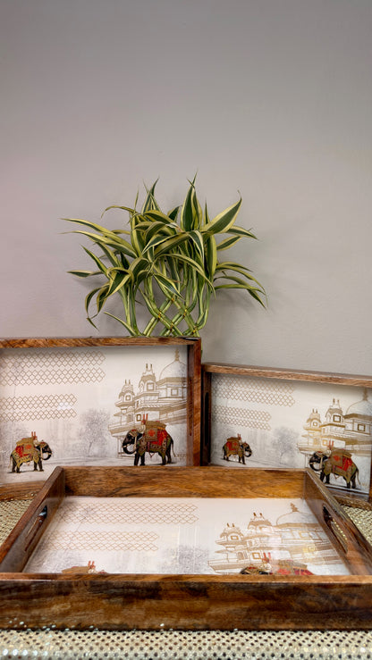 Mughal elephant print sheesham wood tray set, front view