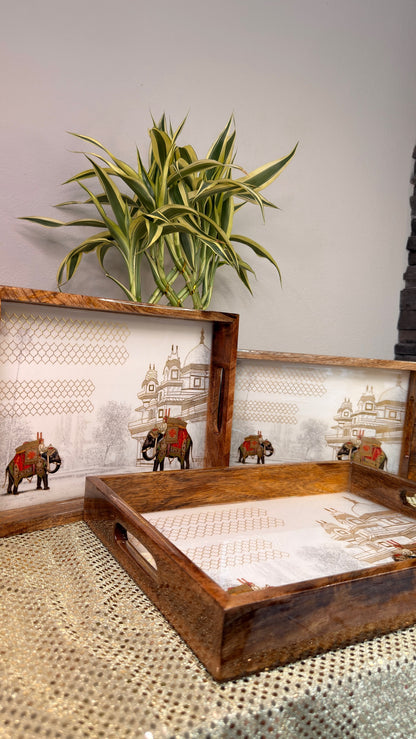 Elephant and palace print wooden nesting trays, angled view