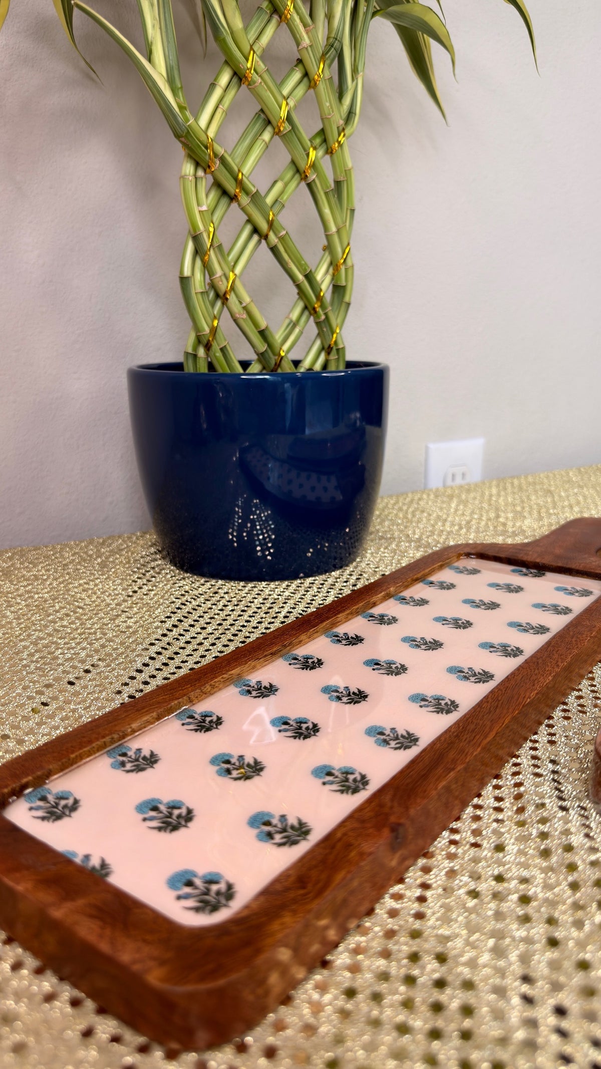 Wooden serving board with handle, blue floral print on blush pink inlay
