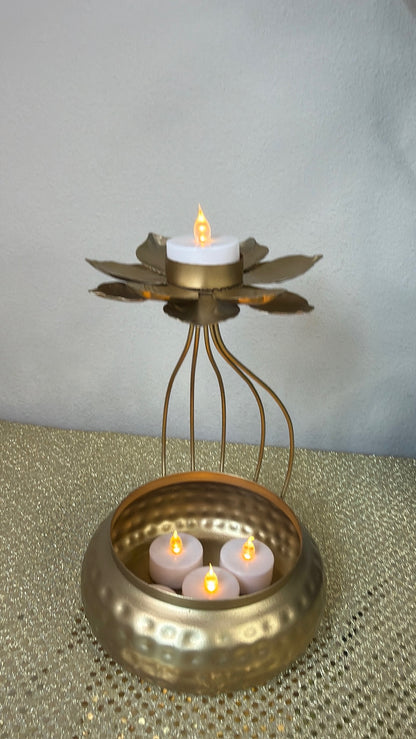 Gold hammered urli pot with wire cage and lotus tealight holder on top, Diwali centerpiece