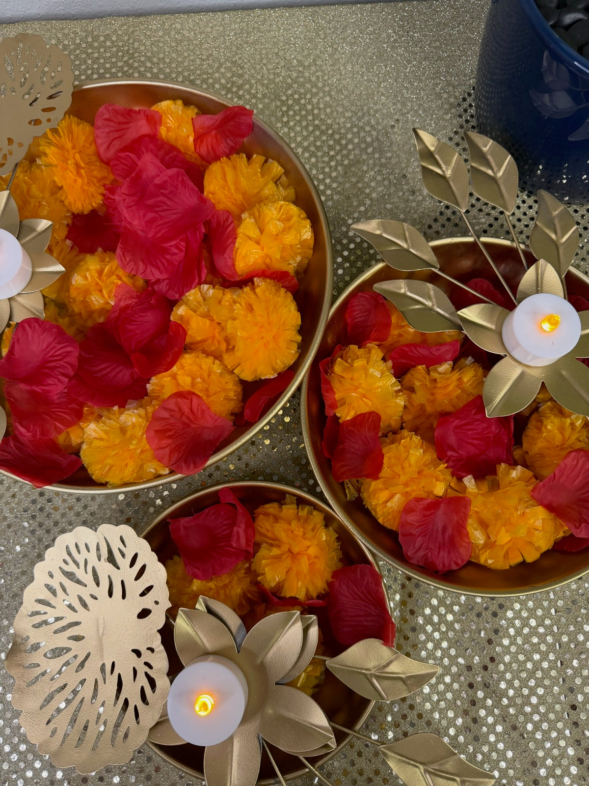 Gold lotus bowls with marigold petals and leaf tealight holders, Diwali table centerpiece set of 3